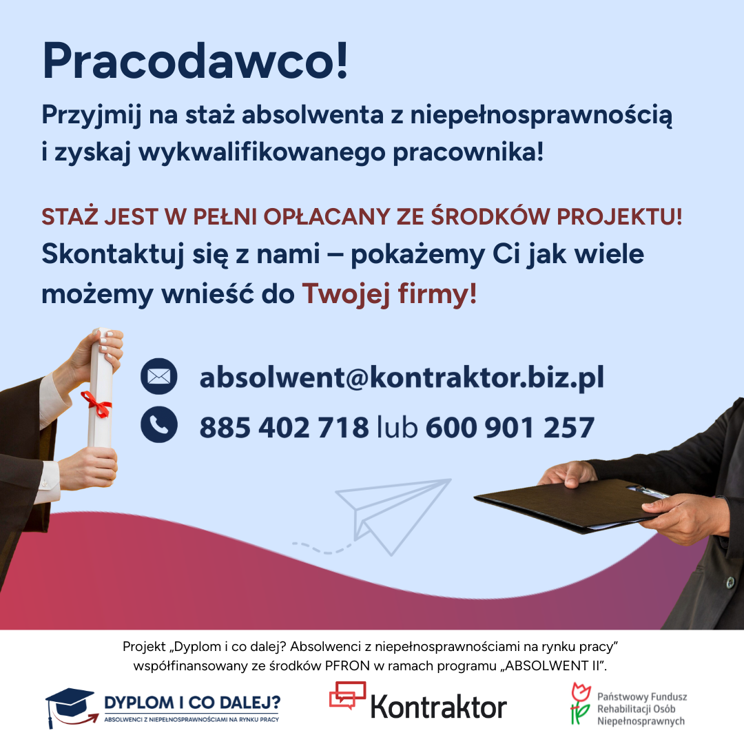 Zdjęcie artykułu Ogólnopolski projekt „Dyplom i co dalej? Absolwenci z niepełnosprawnościami na rynku pracy” współfinansowany ze środków PFRON.