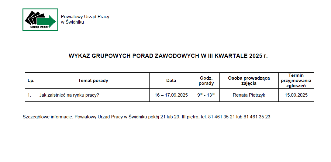 Zdjęcie artykułu Wykaz grupowych porad zawodowych