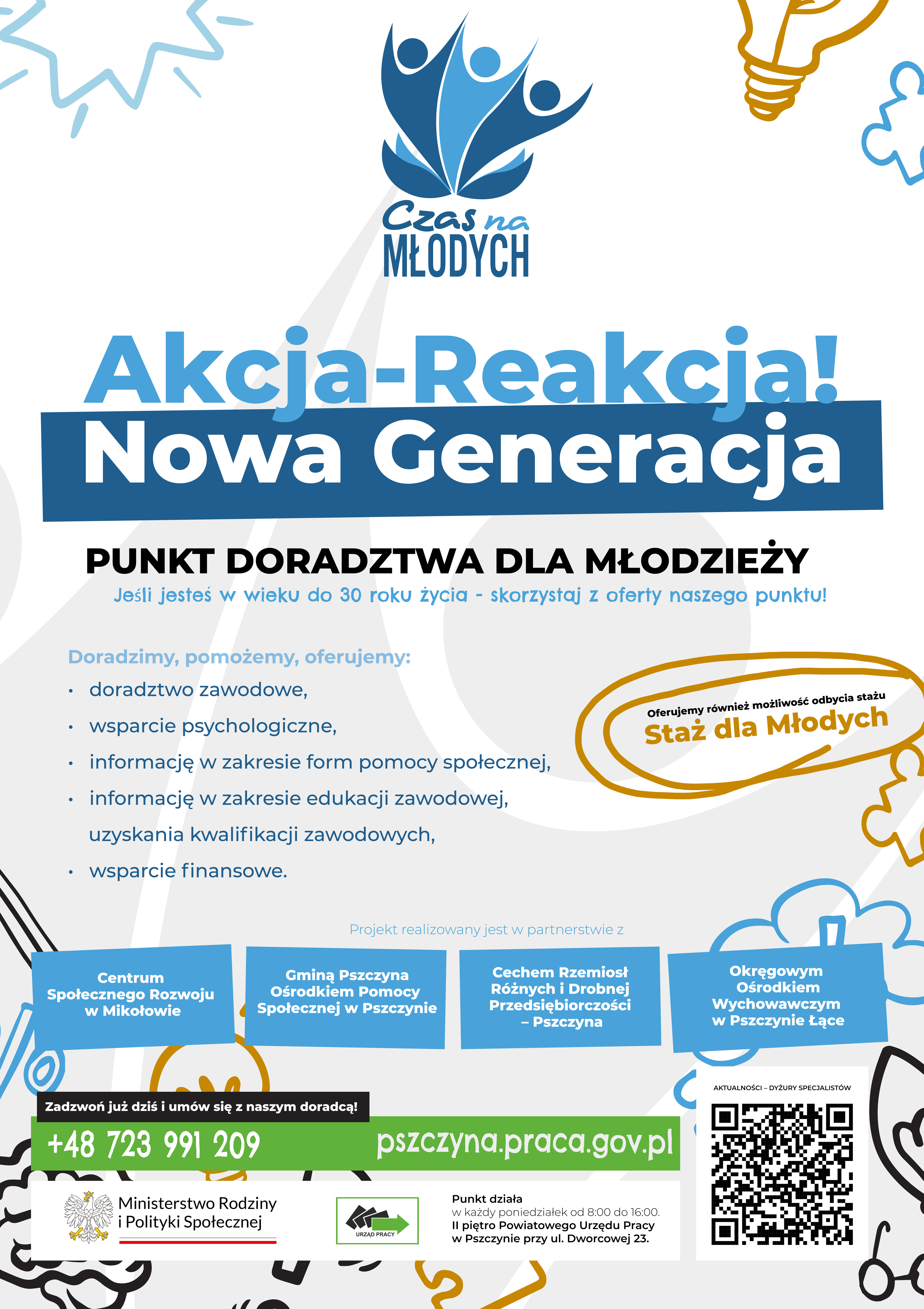 Plakat Punktu Doradztwa dla Młodzieży zawierający między innymi zakres oferowanego w nim wsparcia, dane kontaktowe Punktu oraz informacje o realizowanym projekcie w ramach którego powstał Punkt 