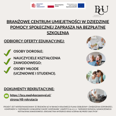 Zdjęcie artykułu Rozpoczęcie drugiego naboru na bezpłatne szkolenia w Branżowym Centrum Umiejętności w dziedzinie pomocy społecznej